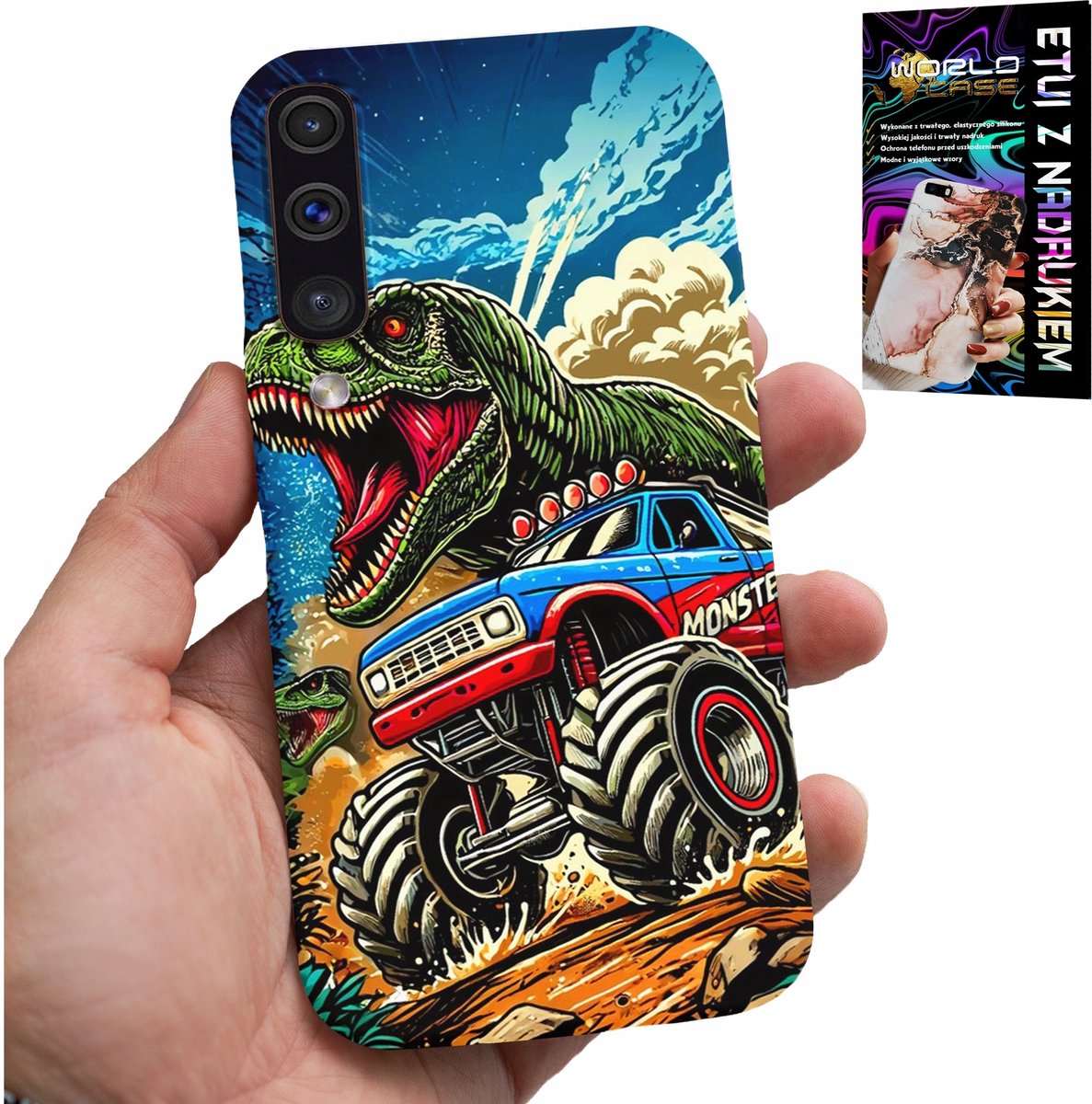 SAMSUNG GALAXY A70 HOESJE - DINOSAURUS IN MONSTERTRUCK PATROON VOOR KINDEREN