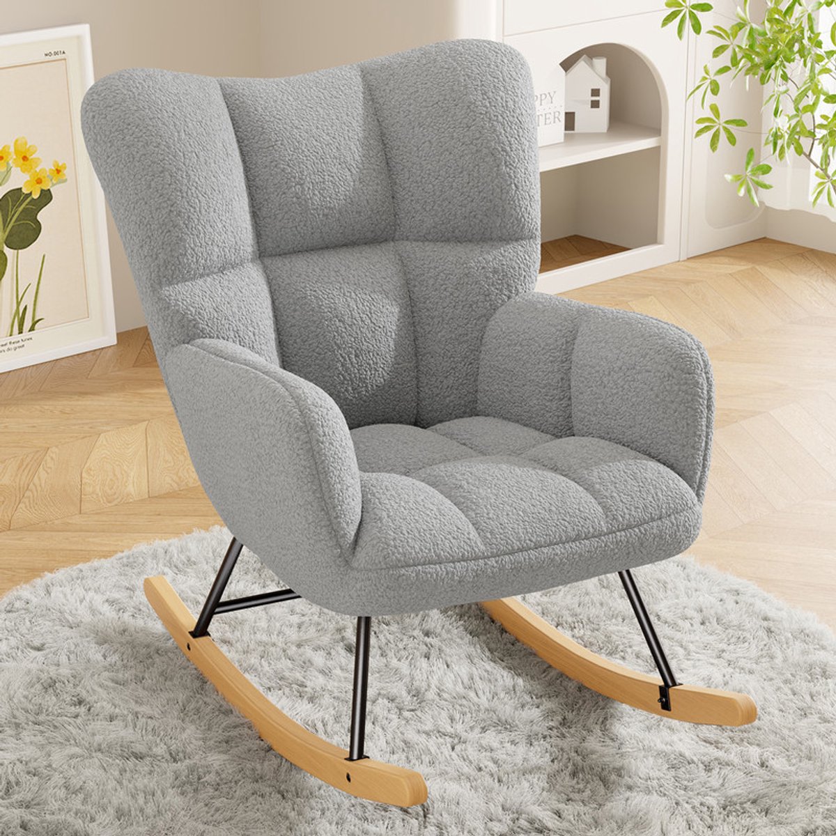 Schommelstoel – Teddy Bouclé Fauteuil Schommelstoel, Comfortabele Loungestoel met Houten Onderstel en Metalen Frame, Zachte Pluche Stoel voor Woonkamer, Slaapkamer, Kinderkamer,grijs