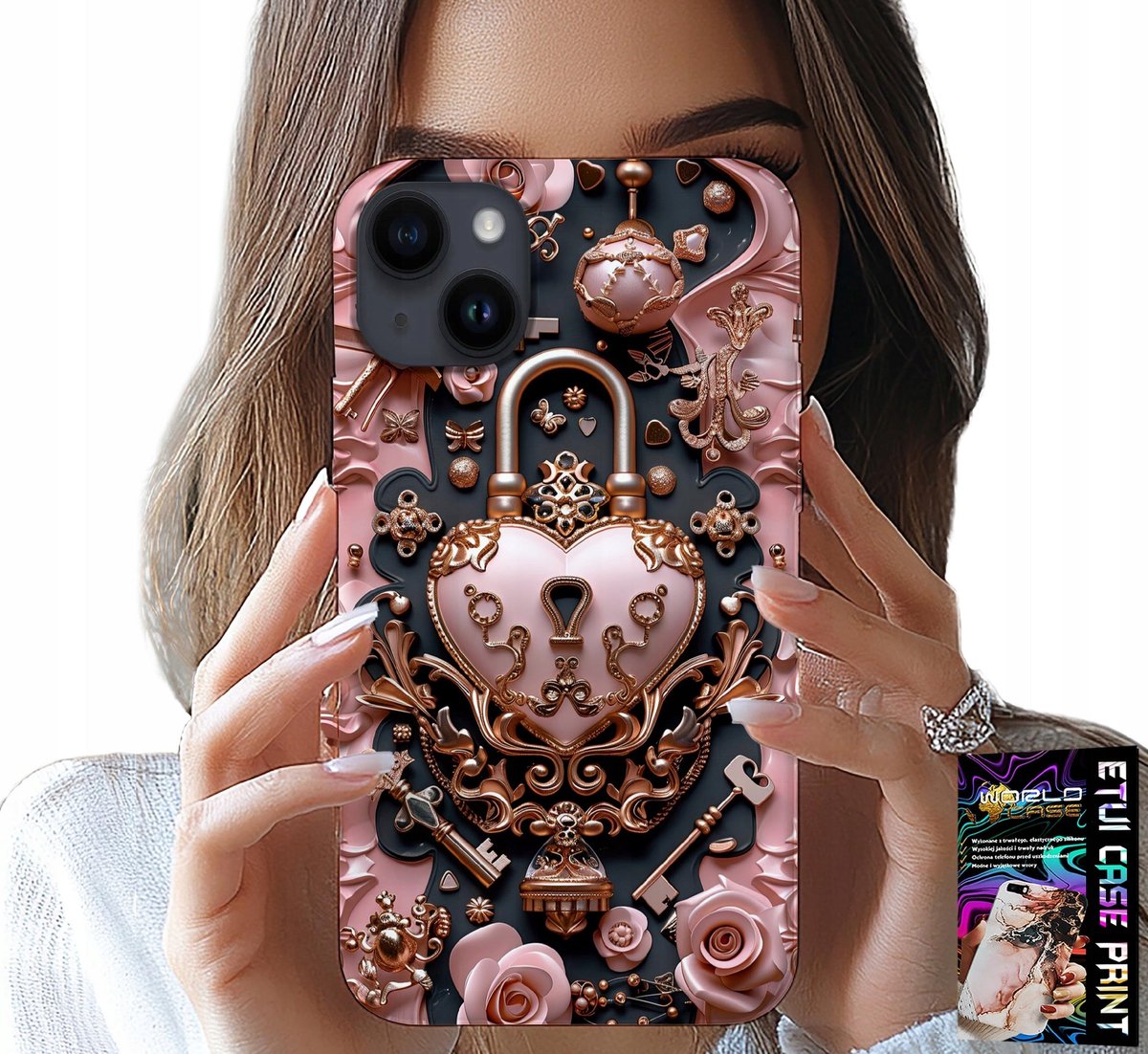 iPhone 15 hoesje - vrouwelijk, modieus patroon, hartvormig hangslot roos