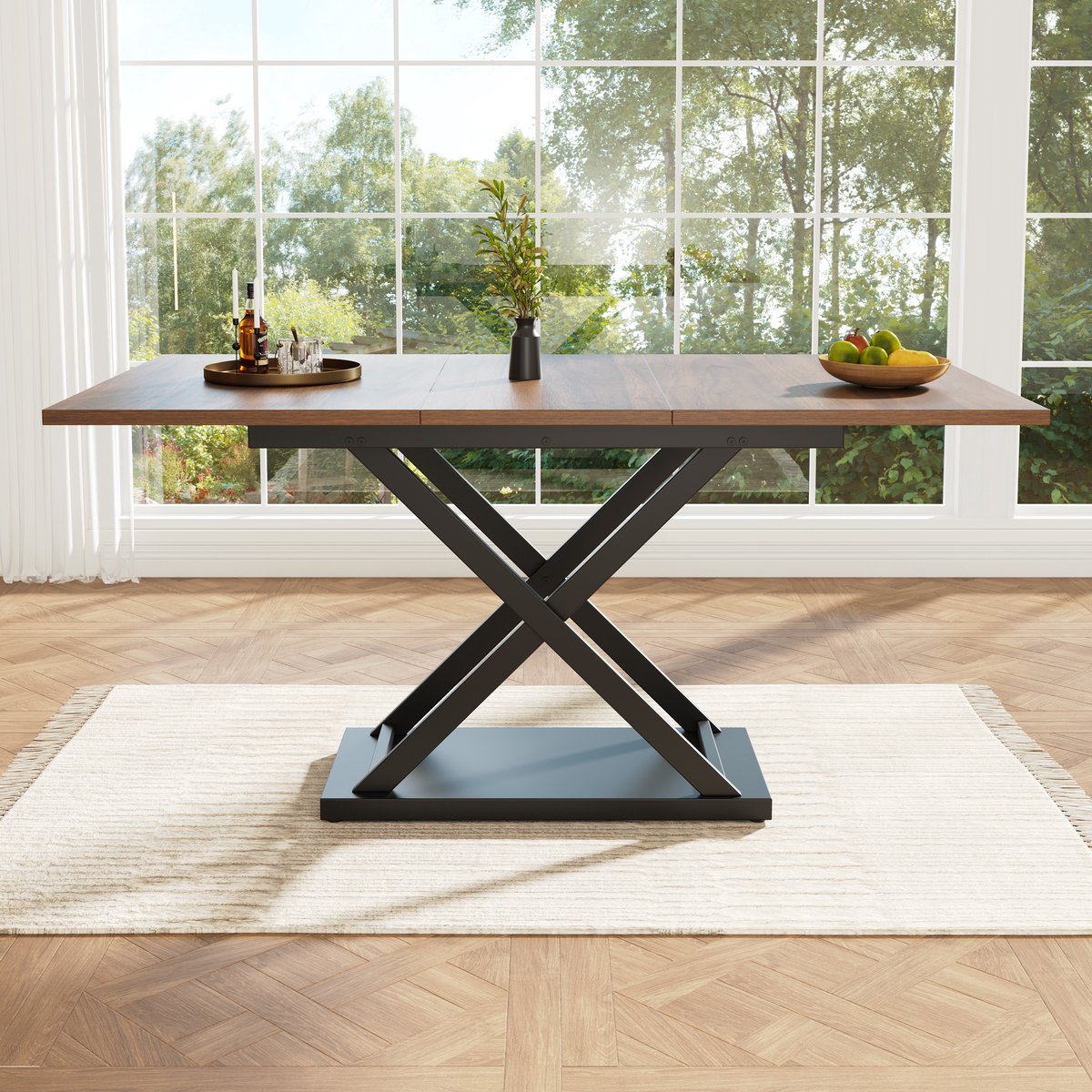 REDOM - Eettafel - Uitschuifbaar - Kruispoten - Modern - Keuken En Woonkamer - MDF En Metaal - Walnootkleur En Zwart - 120-160x80x75 Cm