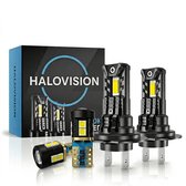 Doos met "HALOVISION" branding, twee H7 LED-koplampen en een T10 LED-lamp.