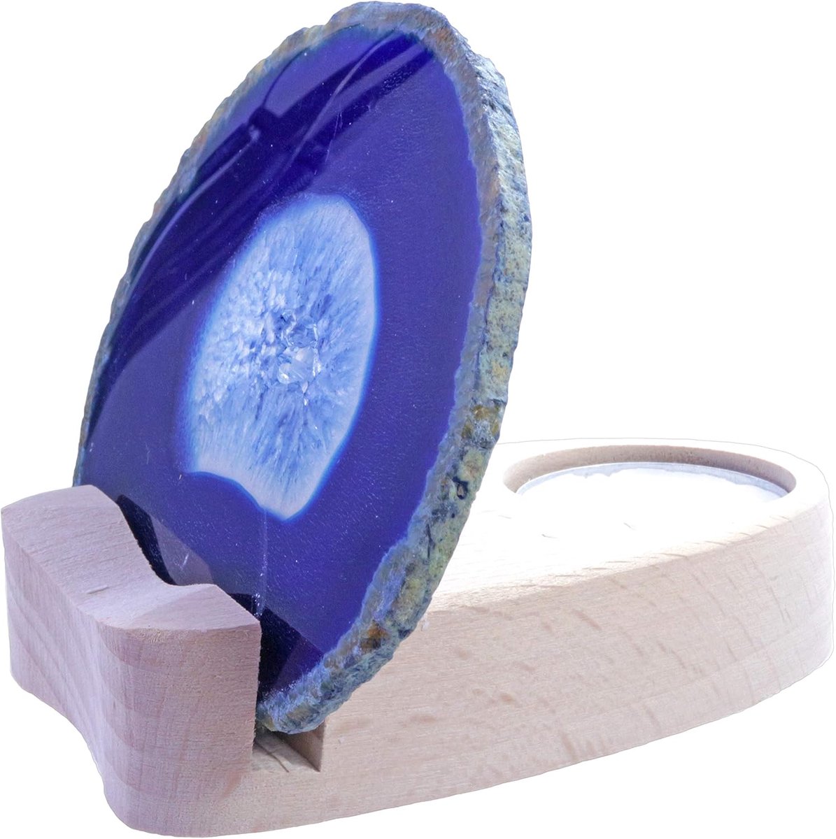 Theelichthouder Agaat - Edelsteen Kaarshouder - Sfeerverlichting Huis - Uniek Natuurproduct - 12cm Diameter - Blauw