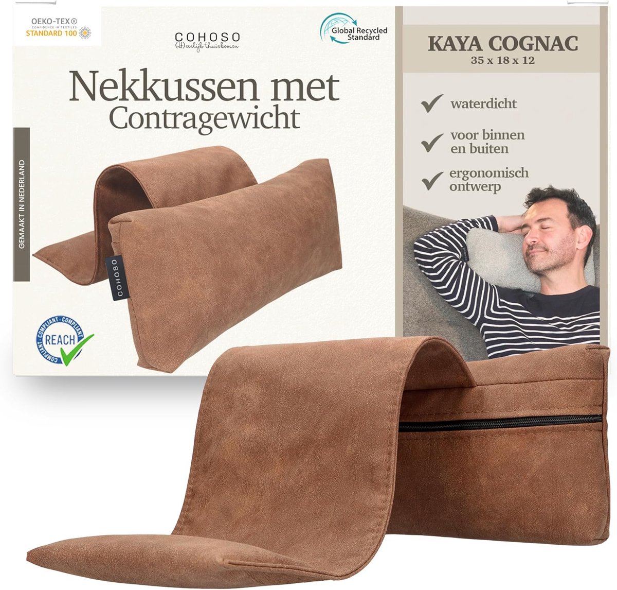 Neksteun Kussen - Leeskussen Sofa - Ontspannen Zitten - Synthetisch Leer - 60x20 cm - Cognac