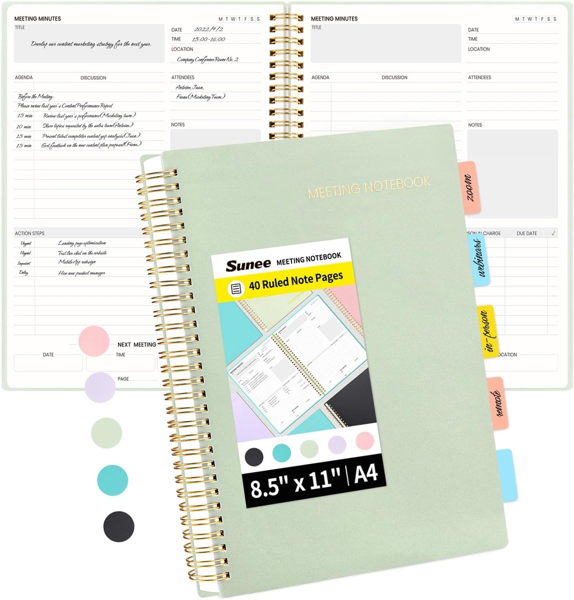 Vergader notitieboek - Projectplanner agenda - Werk notities maken - Waterdichte plastic kaft - A4 formaat - Sage groen