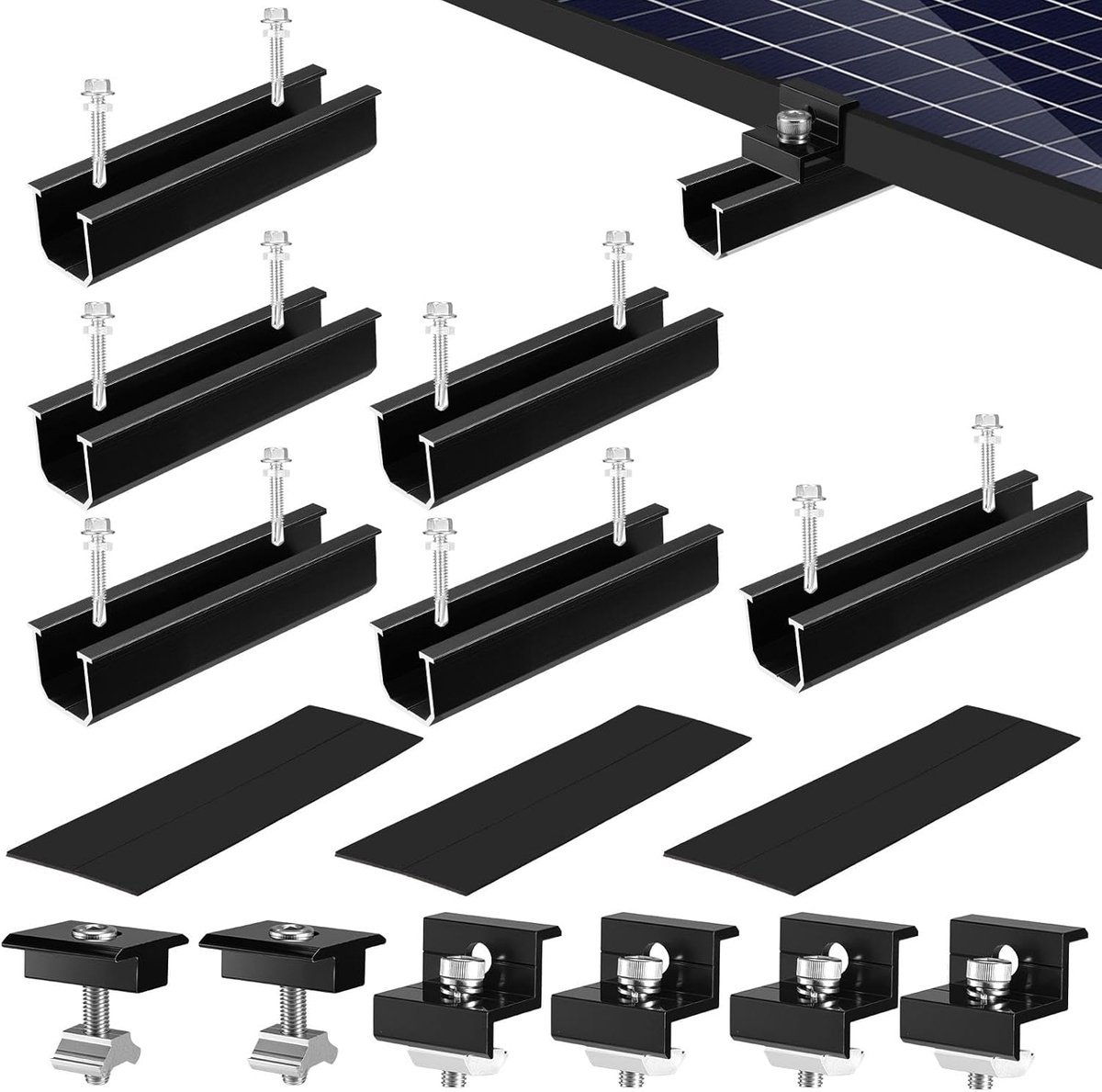 Zonnepaneel Montageset - Fotovoltaïsche Bevestiging - Platte Dak Installatie - Verstelbare Klemmen - 12cm Rails - Zwart