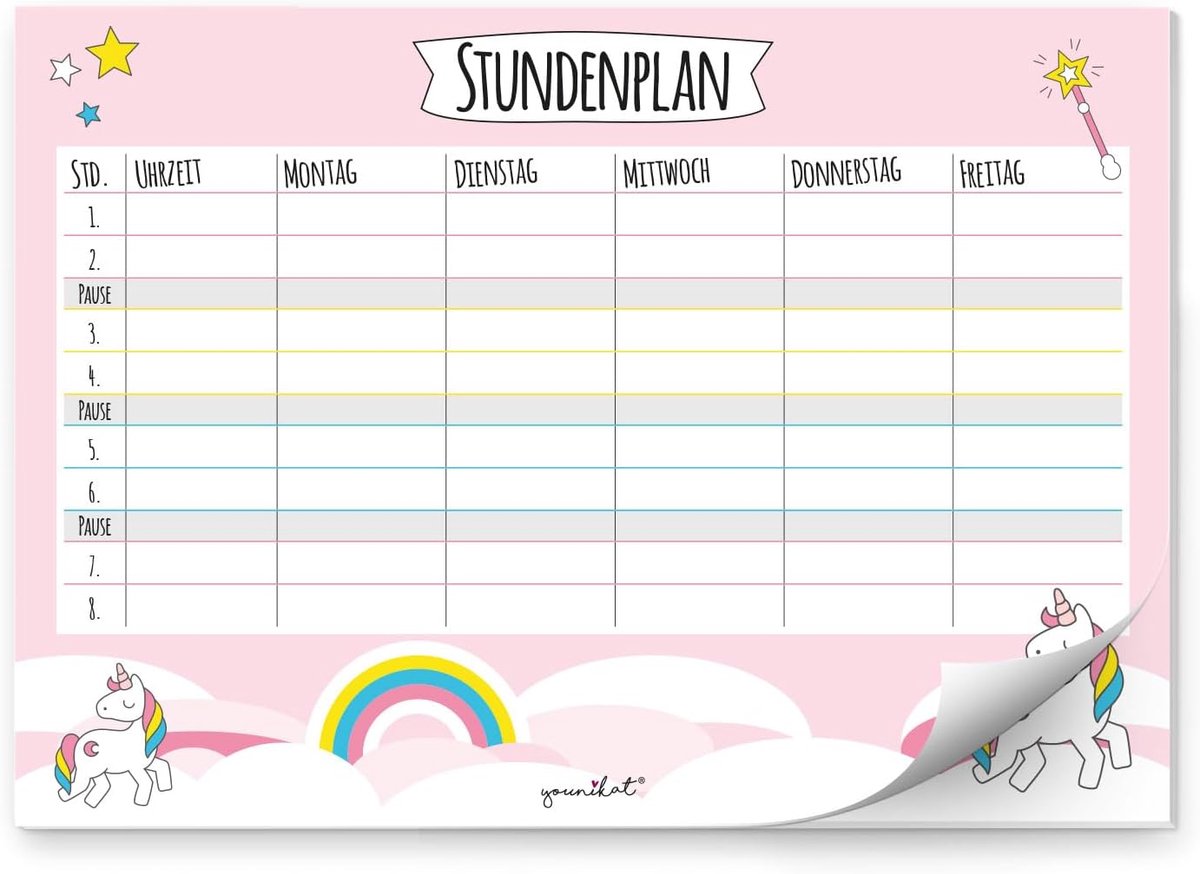 Lesrooster Eenhoorn - Schoolplanner - Klas Planning - Af te Scheuren Vellen - DIN A4 - Roze