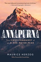 Boekomslag van Annapurna: The First Conquest of an 8,000-Meter Peak door Maurice Herzog, met een besneeuwde bergtop onder een oranje lucht.