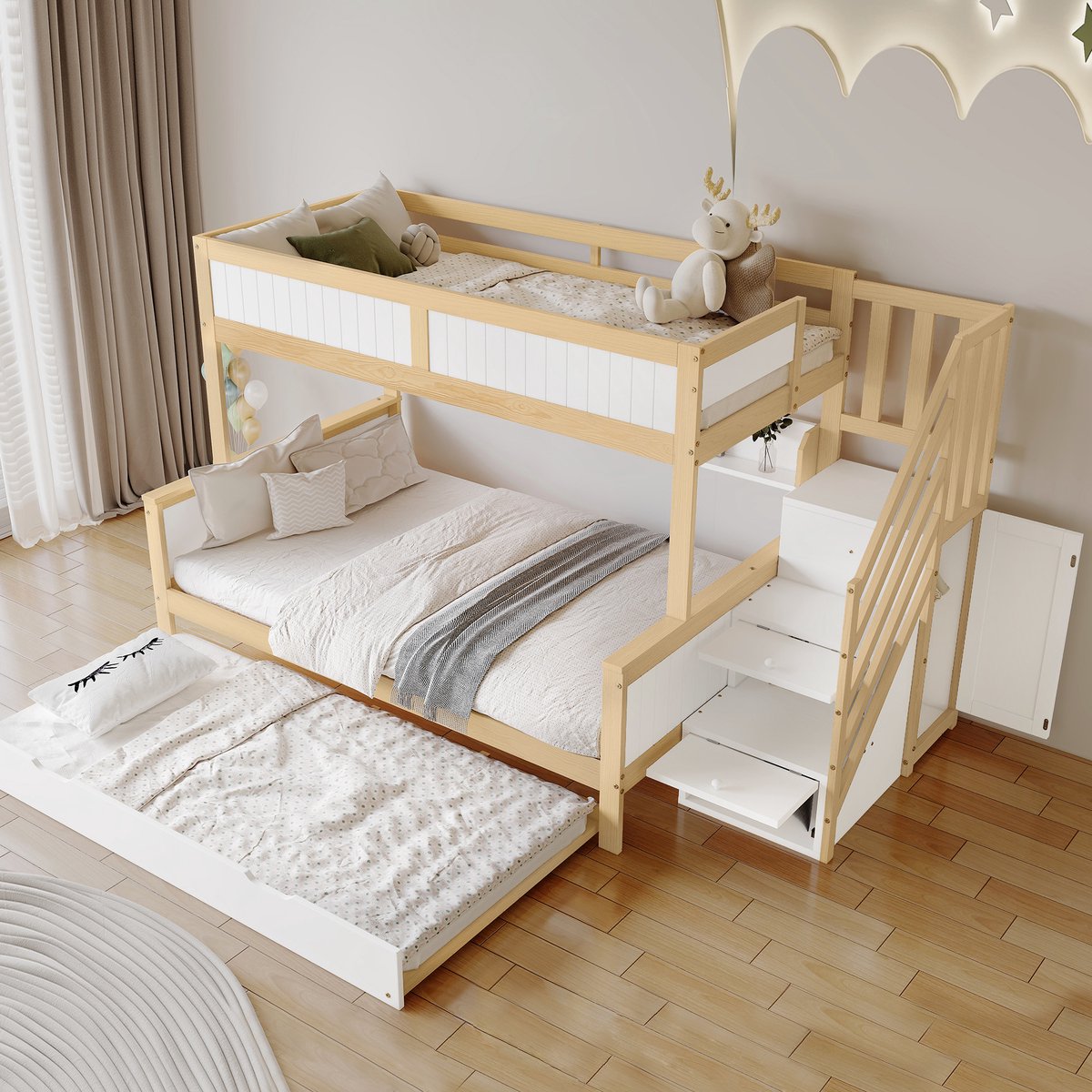 MODENUIT Stapelbed 90x200 cm en 120x200 cm – Met uitschuifbed 90x190 cm – Opbergtrap en kast – Zonder matras – Wit en Naturel