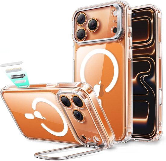 Transparante hoes met oranje MagSafe ring, drie hoesjes getoond in verschillende hoeken.