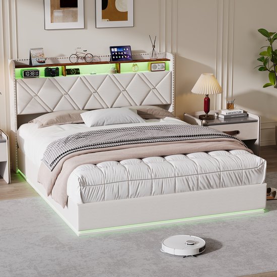 Opbergbed 160x200 cm met RGB LED en USB/Type-C – Dubbel Bed met Hoofdeinde Lattenbodem en Opbergruimte, Linnen Beige met Metalen Nijlen, voor Volwassenen & Tienerjongeren (Zonder Matras)