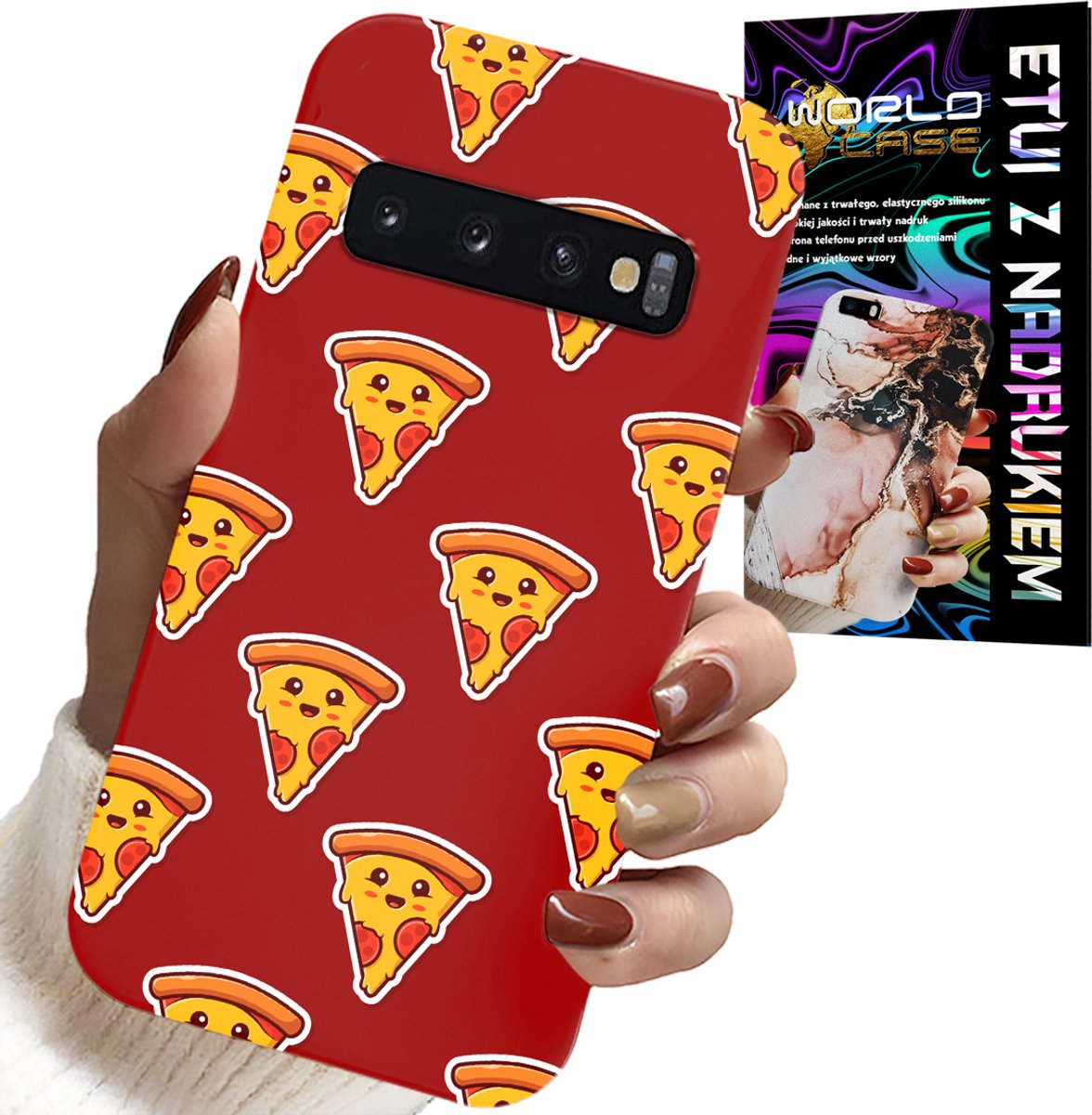 HOESJE VOOR SAMSUNG GALAXY S10 - HAPPY PIZZA PATROON OP EEN RODE ACHTERGROND
