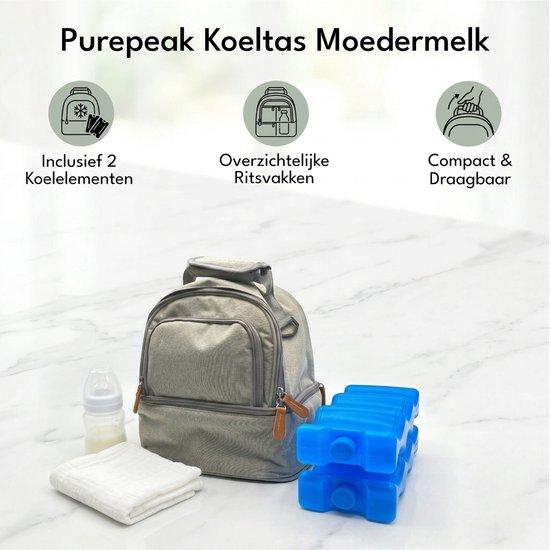 Purepeak Koeltas Moedermelk met 2 Koelelementen - Kolftas - Borstvoeding - Grijs - Koelrugtas van Merkloos — afbeelding 5