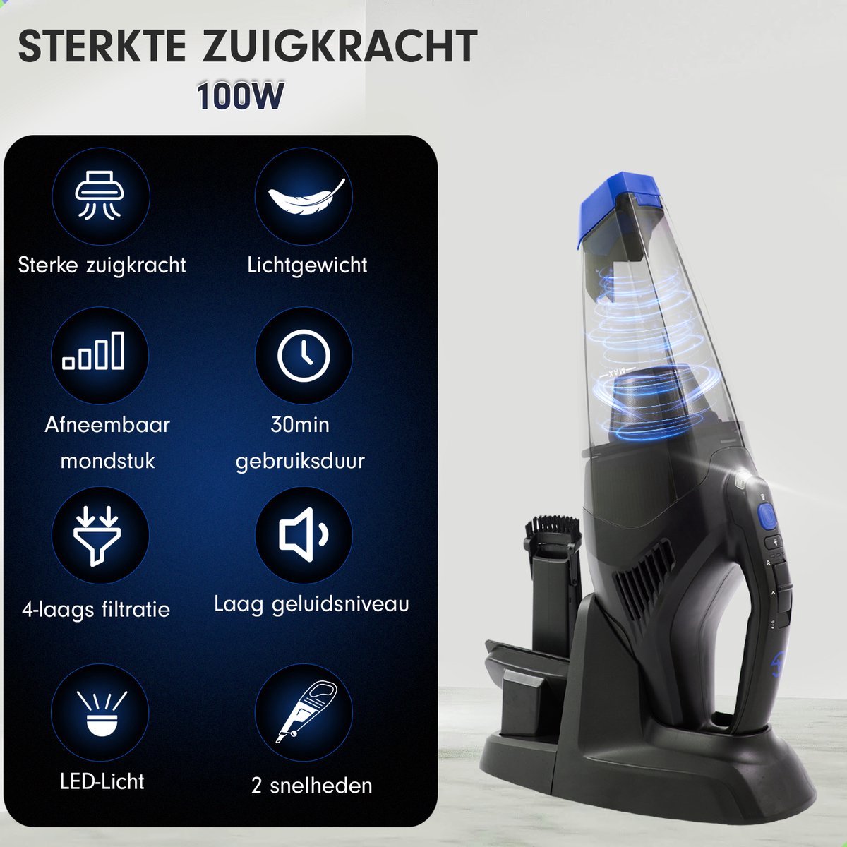 AG310 Handstofzuiger Draadloos Zwart 100W met Led - afbeelding 2