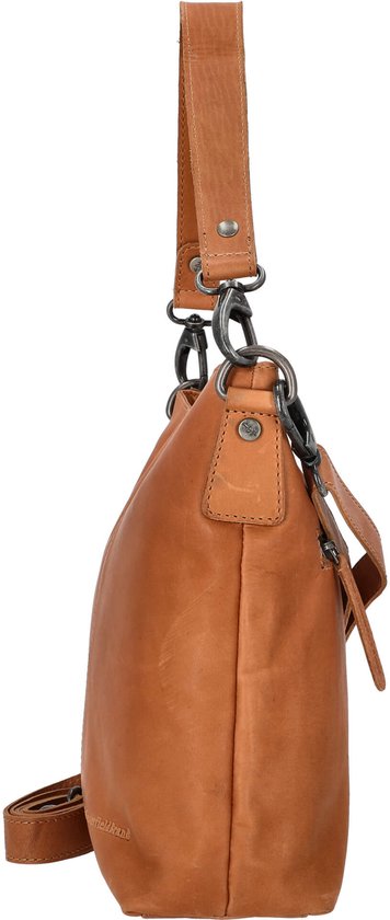 Bruine leren schoudertas van The Chesterfield Brand, met de zijkant zichtbaar.