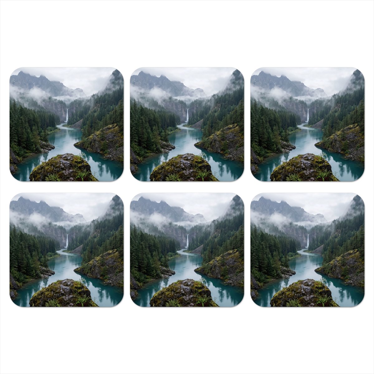Onderzetters voor glazen - Waterval - Bomen - Bergen - 10x10 cm - Glasonderzetters - 6 stuks