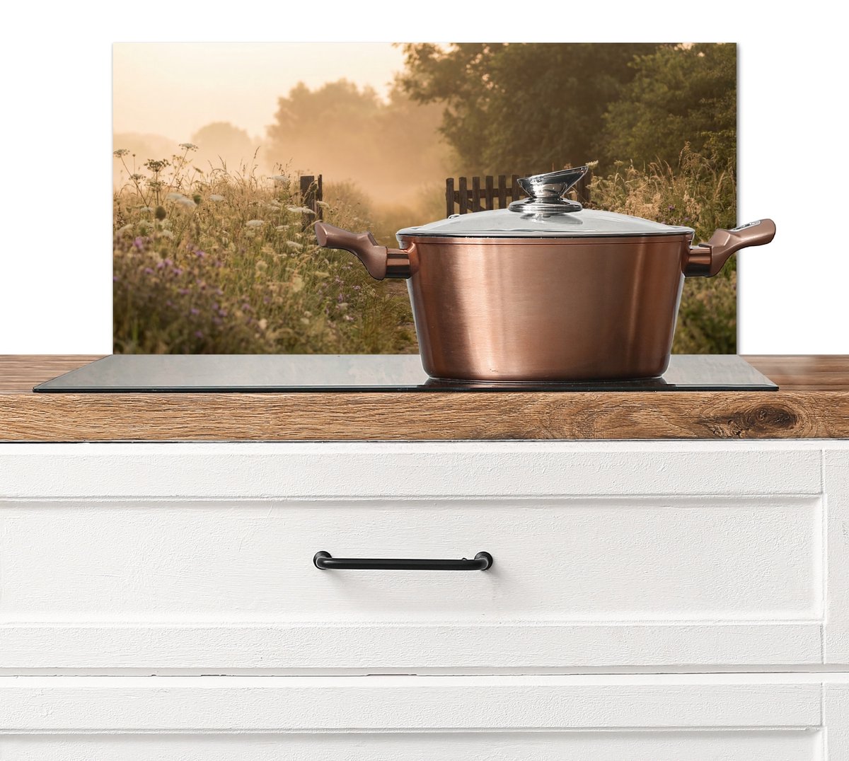 Spatscherm keuken 70x30 cm - Kookplaat achterwand Hek - Natuur - Mist - Veld - Muurbeschermer - Spatwand fornuis - Hoogwaardig aluminium