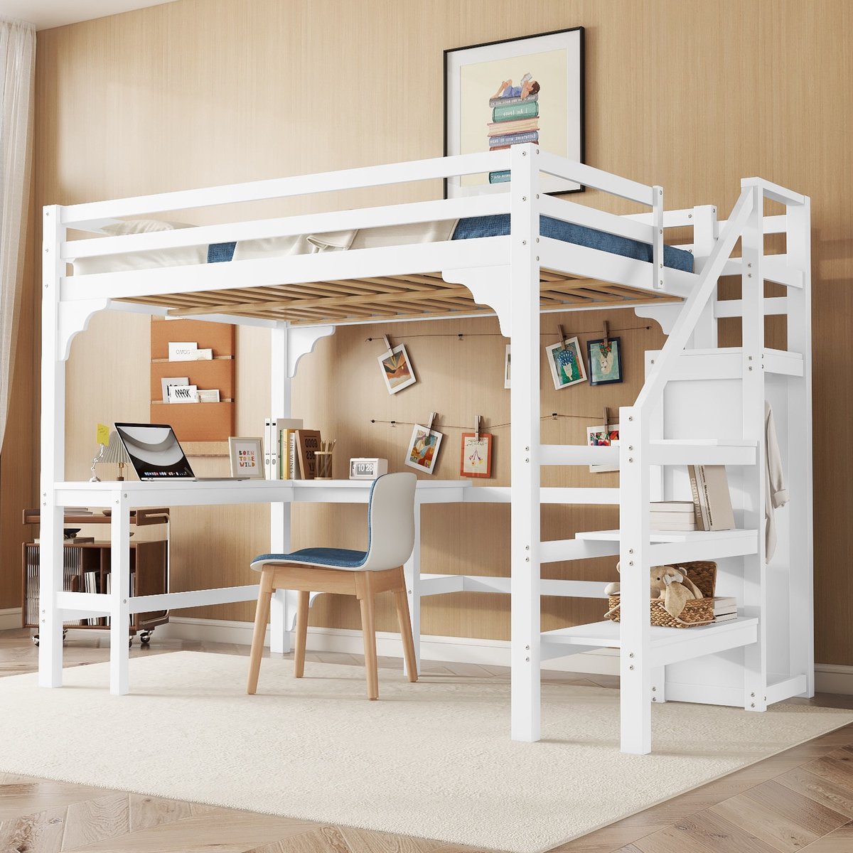MODENUIT Hoogslaper 140x200 cm – L-vormig bureau – Open kledingrek & trap met opbergruimte – Zonder matras – Grenen Wit