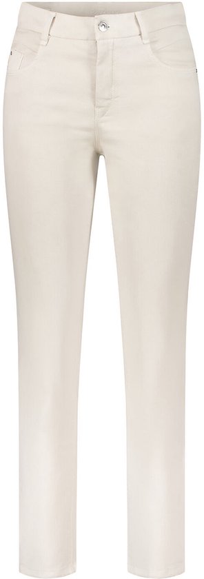 Crème slim fit jeans, recht van voren, met een knoop- en ritssluiting en steekzakken.