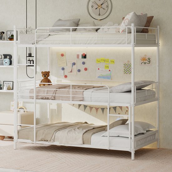 MODENUIT Lit superposé triple – 3 couchages – Échelles intégrées et barrière continue – Sans matelas – Métal – Blanc