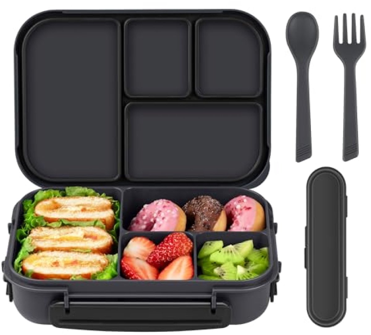 Herbruikbare lunchbox met 4 vakken en bestek - 1200 ml - Donkergrijs