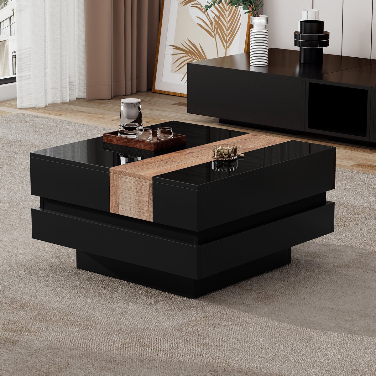 Wishdor - Salontafel - Uitschuifbaar Blad - Verborgen Opbergruimte - Minimalistisch - Woonkamer - Zwart - 70 X 70 X 39 Cm