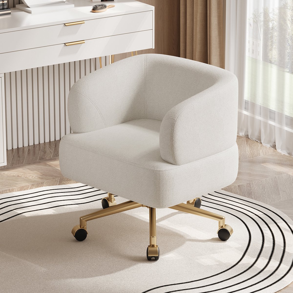 PHOEBE CAT Bureaustoel - Kleedstoel - 360° draaibaar - Chenille stof - Beige