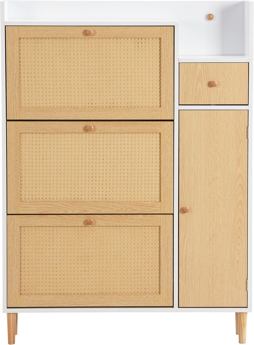 Schoenenkast / Opbergkast 125 cm - Zeer Smal Ontwerp (17 cm Diep) - Natuur/Wit & Rotan Deuren - Met Lade & Massief Houten Poten