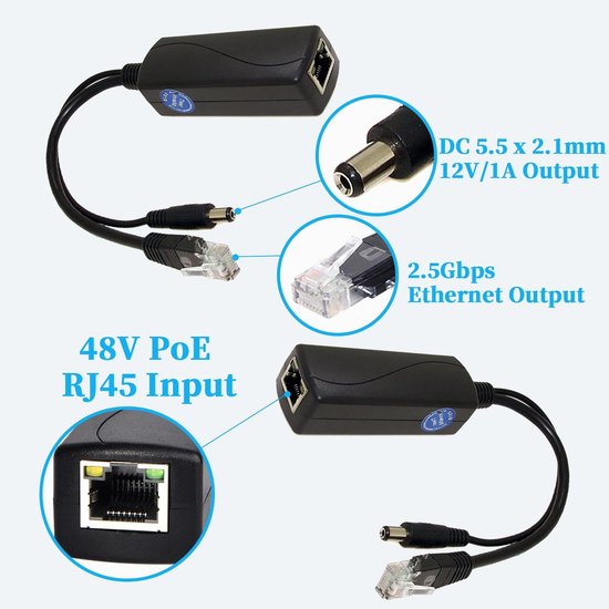 2.5G PoE Splitter 48V naar 12V DC 1A voor IP Camera en Smart Home — afbeelding 4