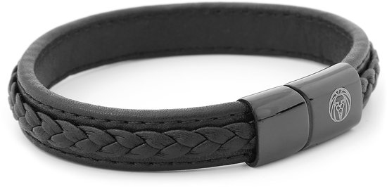 Zwarte gevlochten leren armband met zwarte magnetische sluiting en leeuwenlogo.