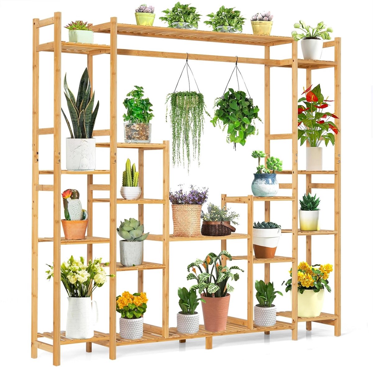 KOMFOTTEU 9 etages plantenstandaard, bamboe met hangrek, bloemenrek, bloementrap voor tuin, balkon, 167 x 30 x 166 cm