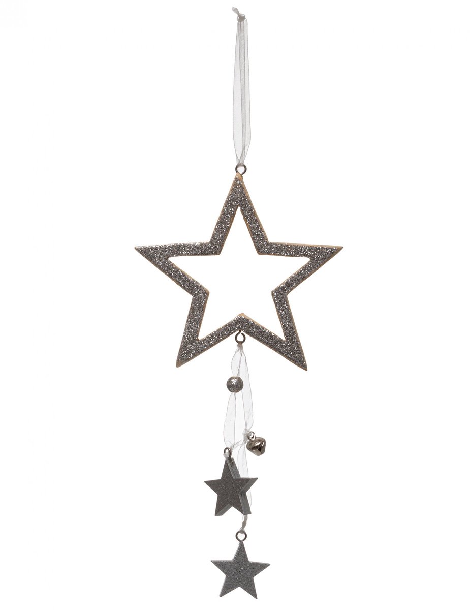 JJA - Hangdecoratie Ster Zilver 24 cm met Glitter en Belletjes