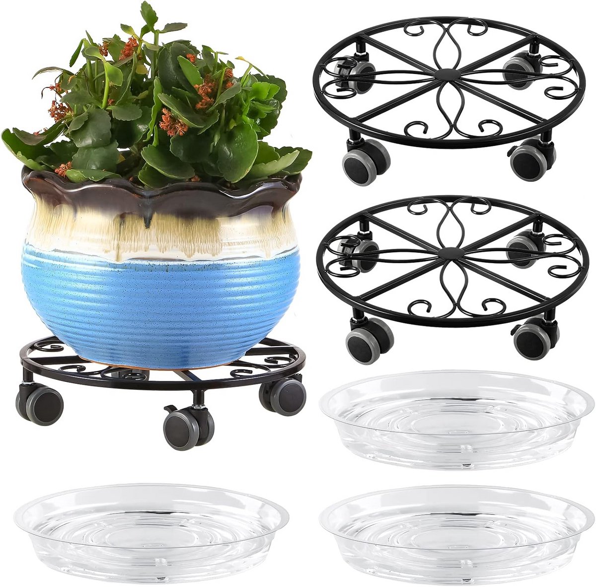 Set van 3 Metalen Plantenstandaards met Wielen - Zware Bloem Plaats Woonkamer Buiten
