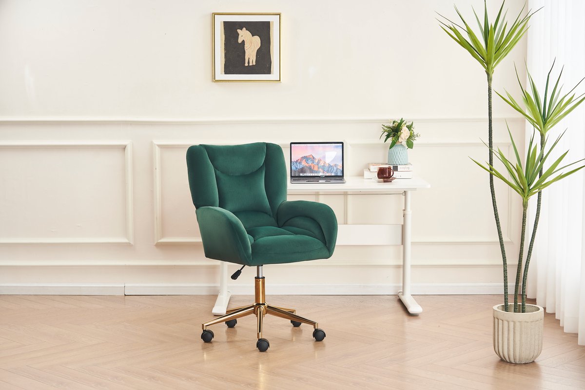 Groene Fluweelen Bureaustoel - Hoge Ergonomische Draaistoel Met Gouden Poten - Hoogte Verstelbaar & 360 Graden Rotatie - Office Chair