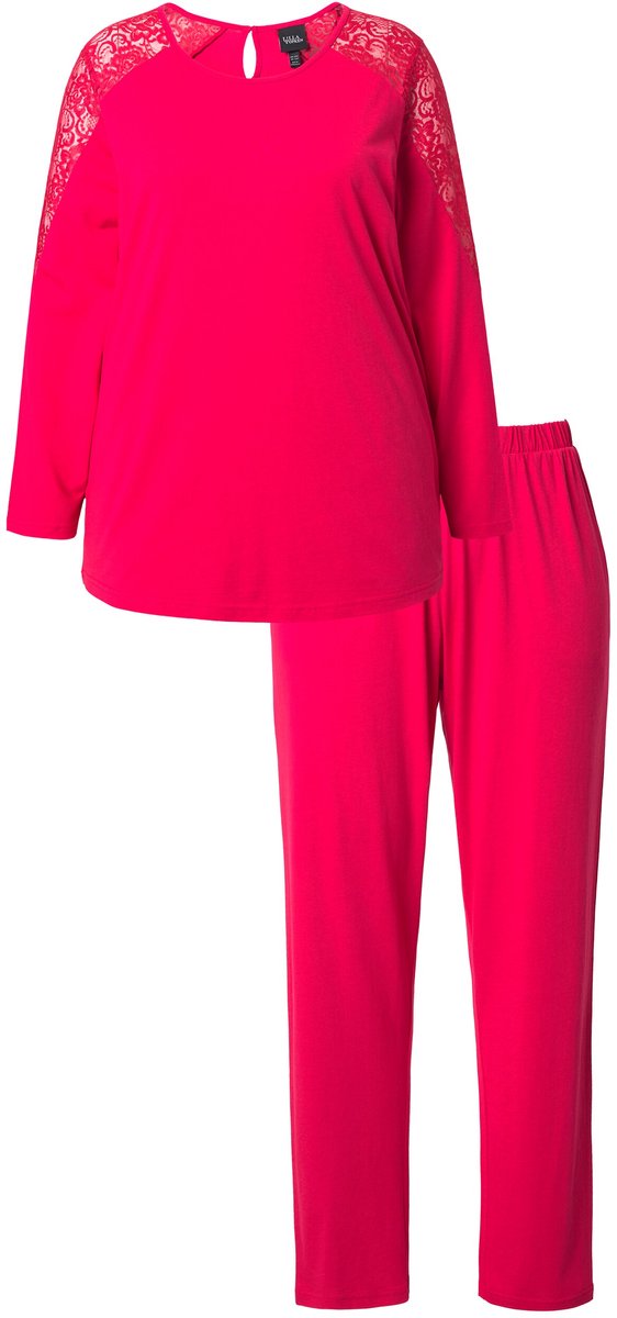 Ulla Popken Dames - Pyjama kant ronde hals lange mouwen modalmix - Magenta - Maat 62+
