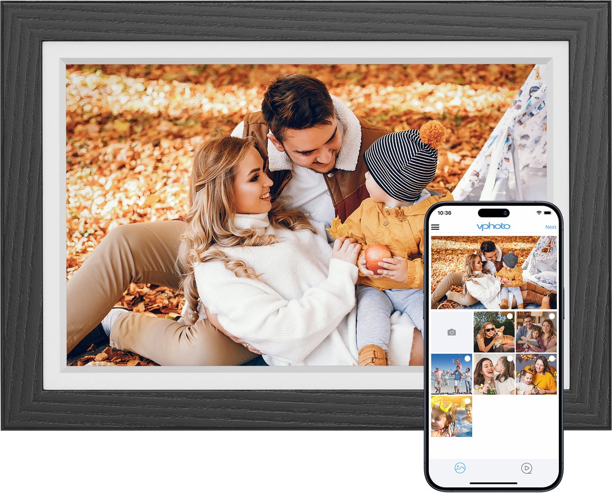 Dragon Touch Digitale Fotolijst - 10.1 inch - HD Touchscreen- Hout - Fotokader- WiFi - 32GB - Zwart