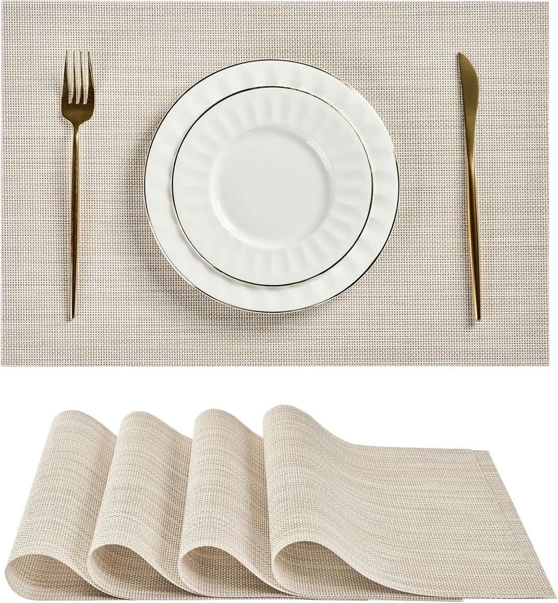 Set van 4 Beige Witte Placemats - Hittebestendig & Antislip Tafelmatten