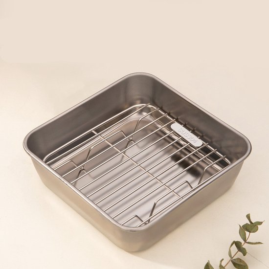 Braadpan en rooster set, roestvrijstalen braadpan - rechthoekige braadpan - antiaanbaklaag - geschikt voor koken en bakken - airfryer accessoires - afmetingen 15,7 x 15,7 x 4,7 cm-Geschikt voor airfryers met een inhoud van 3,5 tot 8 liter.
