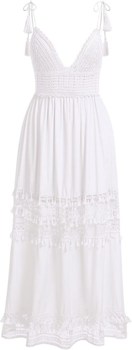 Boho Maxi Jurk Dames Zomer Strandjurk Met V-Hals en Kanten Details