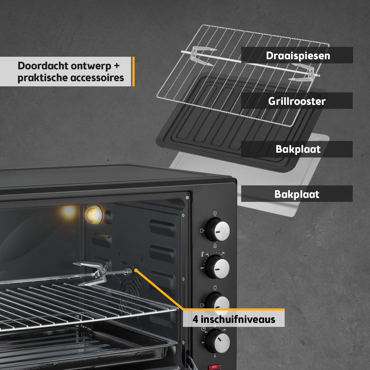 TZS First Austria mini oven 60L - 2000W - Vrijstaande Heteluchtoven - max 230°C - Zwart – foto 4