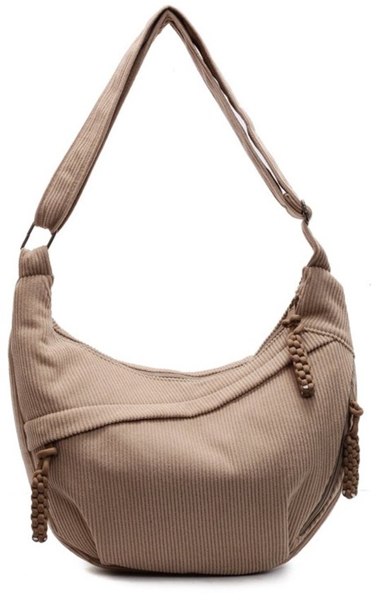 Dames schoudertas van corduroy — Khaki — Crossbodytas met verstelbare schouderband — Halvemaanvormige handtas voor dagelijks gebruik, reizen en woon-werkverkeer