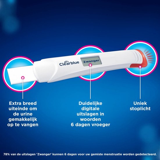 Witte digitale zwangerschapstest met rode top. "Extra breed uiteinde", "duidelijke digitale uitslagen in woorden 6 dagen vroeger", "Uniek stoplicht".