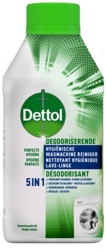 Nettoyant hygiénique Dettol pour lave-linge, formule 5-en-1, désodorisant, élimine les résidus.
