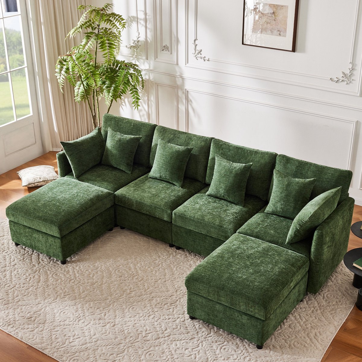 Sweiko Hoekbank - Modulaire bank - U-bank - Met 2 voetenbankjes - 6 kussens - Chenille - Groen