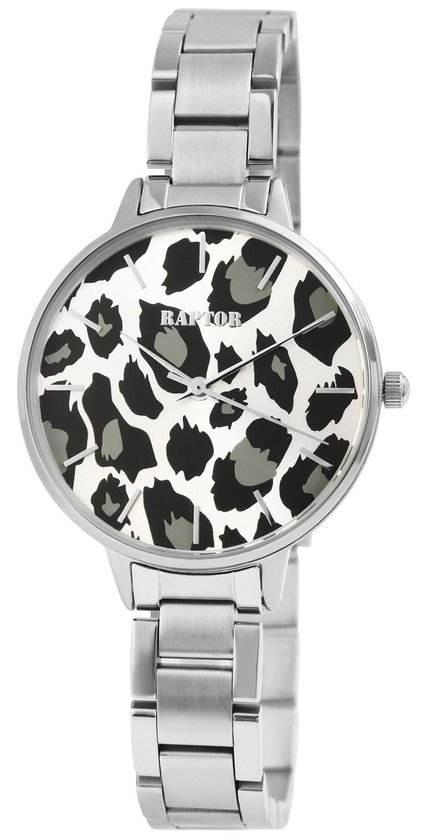 Zilverkleurig horloge met een wijzerplaat met luipaardprint. Het merk 'RAPTOR' staat in het midden.