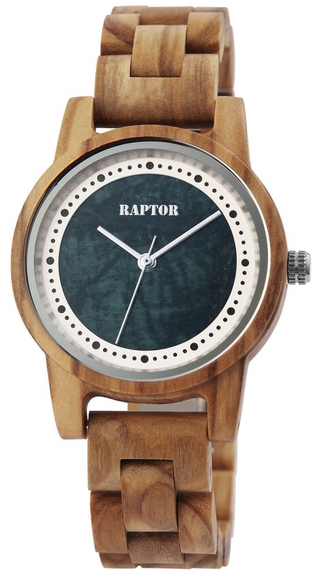 Raptor dameshorloge met houten band en donkergroene wijzerplaat met witte puntjes.