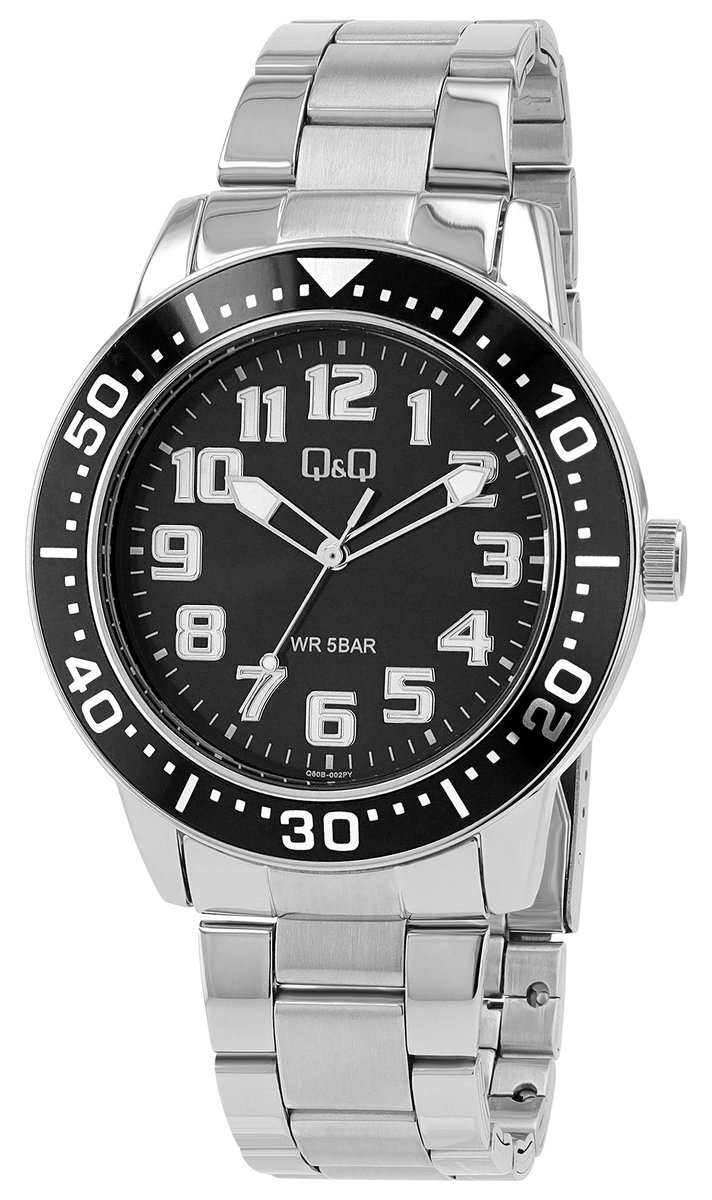 QQ Herenhorloge van roestvrij staal Q60B roestvrijstalen schakelband, vouwsluiting, zilver-zwart,