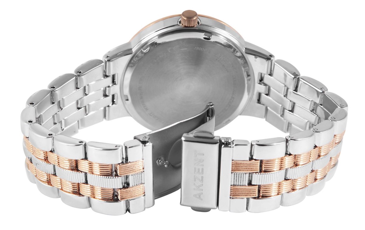 Akzent-Herenhorloge-model2800072-005-zilver-rosé kleur-datum -diameter 42mm-3 atm waterdicht-metalen schakelband