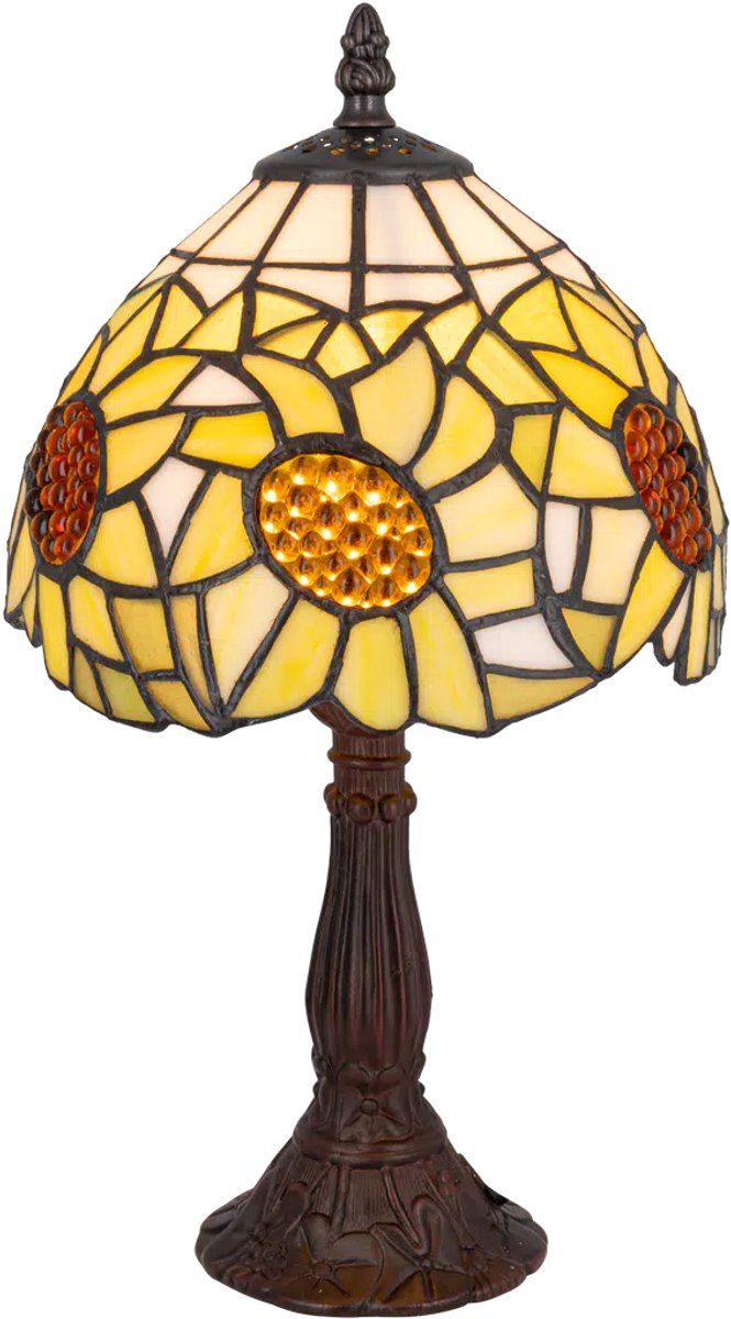 Tiffany tafellamp zonnebloem - Geel-amber - Ø 20 cm - Glas in lood - Warm licht - Bloemen - Natuurmotief | RORUVERA