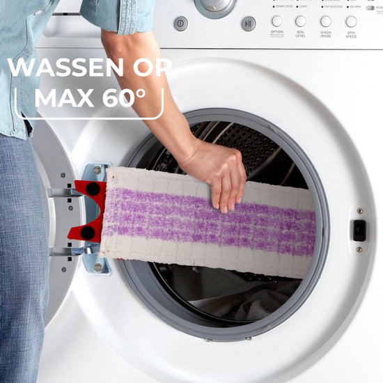 Une personne met une serpillière violette et blanche dans une machine à laver. Texte: LAVAGE MAX 60°.