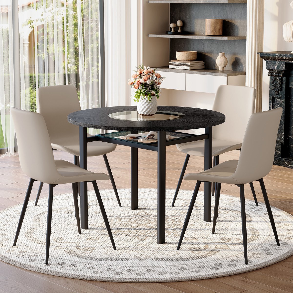 REDOM Eettafelset Met 4 Stoelen - Ronde Tafel - Minimalistisch - Voor Eetkamer - MDF, Metaal En PU - Zwart En Warmgrijs - 100 Cm Bruin + Zwart + Warmgrijs